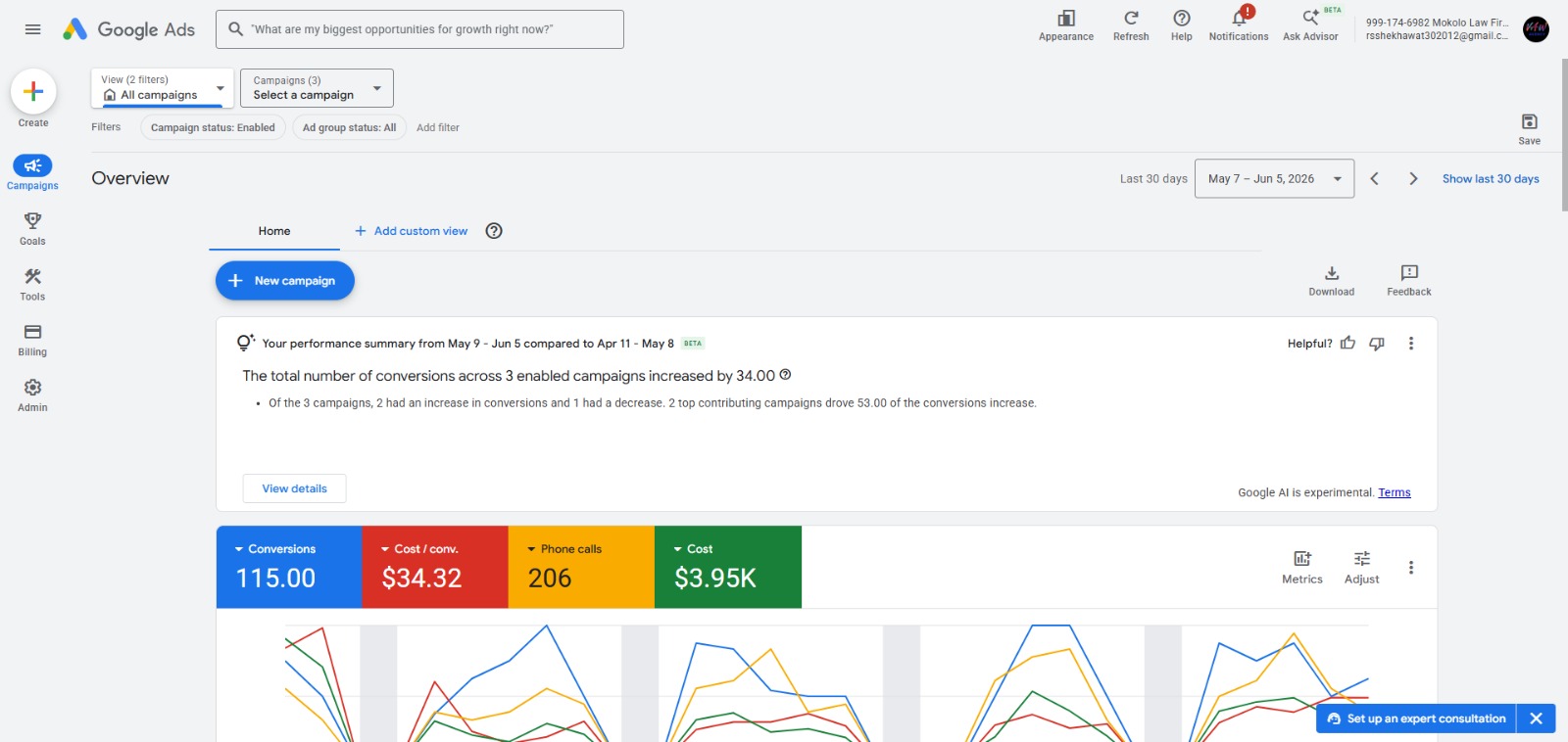 Google Ads showing 115 conversions and 206 phone calls at $34.32 cost per conversion